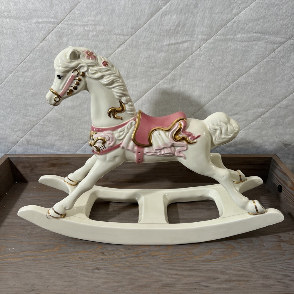Porcelain Carousel Rocking Horse Pink And White Gold Trimmed 17" X 12.5"‎